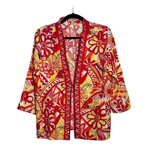 Choices Womens 100% Linen Abstract Floral OpenFront Cardigan Jacket Red Yellow M